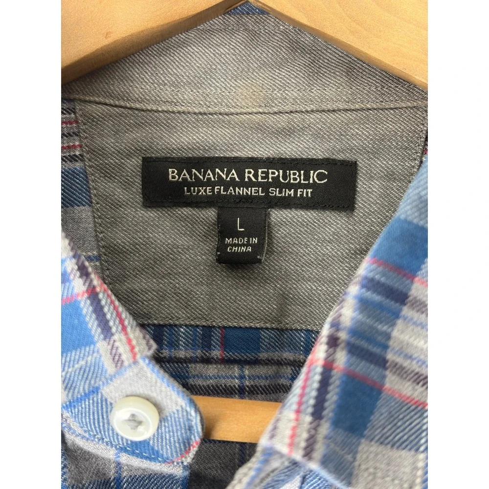 Banana Republic Luxe Flannel Slim Fit Shirt Mens Large Blue Grey Plaid Button Up